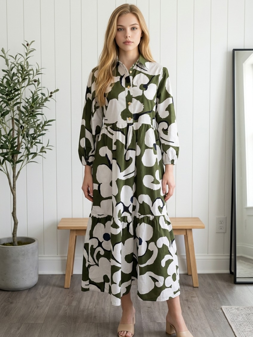 Anthropologie Olive Green and White Floral Tiered Maxi Dress